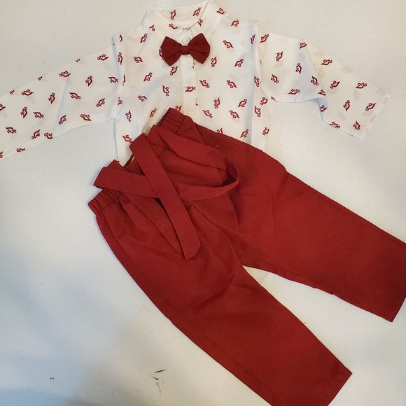 SHEIN Other - SHEIN Baby Red Dinosaur Print Bow Front Bodysuit And Suspender Pants